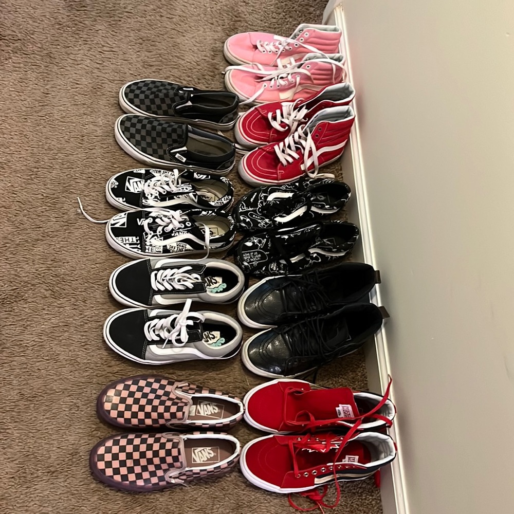 women vans 9 pair (3 pair new-marvel charlie brown and 1st pair of checker ones)